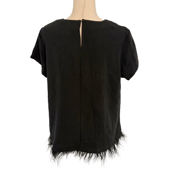 Crown & Ivy Size Large Feathers Hem Short Sleeve High Neck Blouse Top Black - Picture 3 of 8